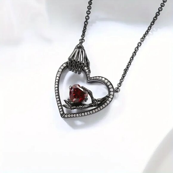 NEW Gothic Skeleton Hand Red Crystal Heart Pendant Necklace Black Gothic Jewelry - Picture 2 of 4